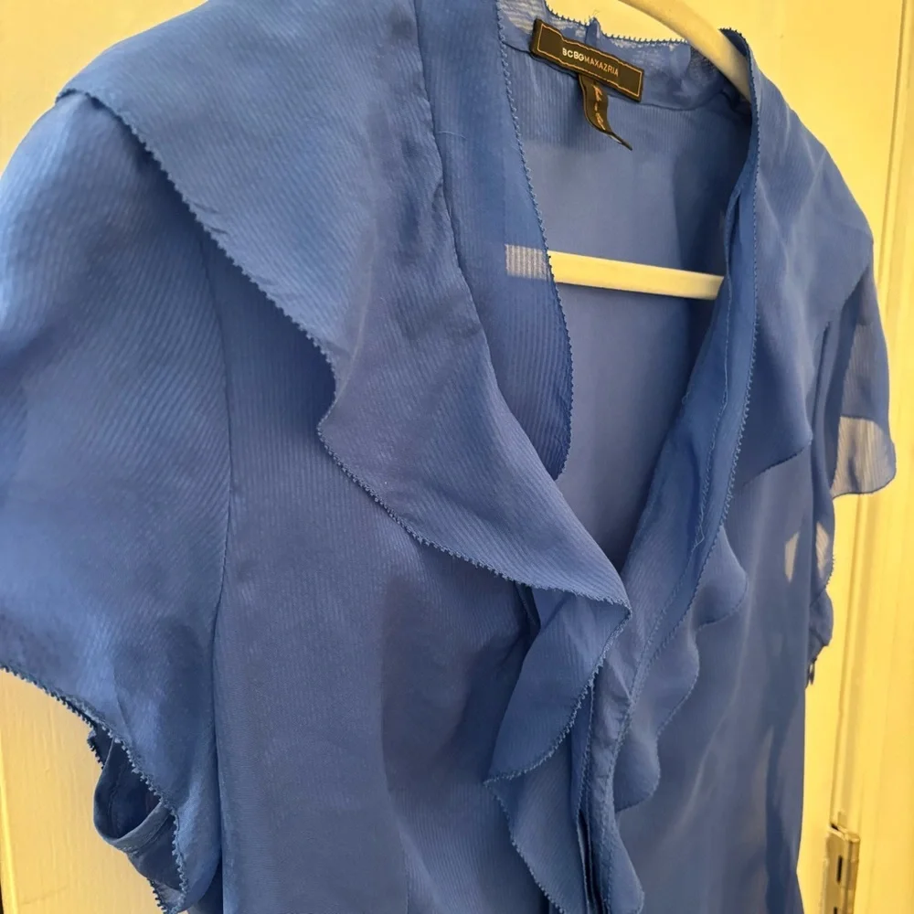 BCBGMaxAzria Silk Royal Cobalt Blue Sheer Blouse size M Ruffles - Picture 5 of 9